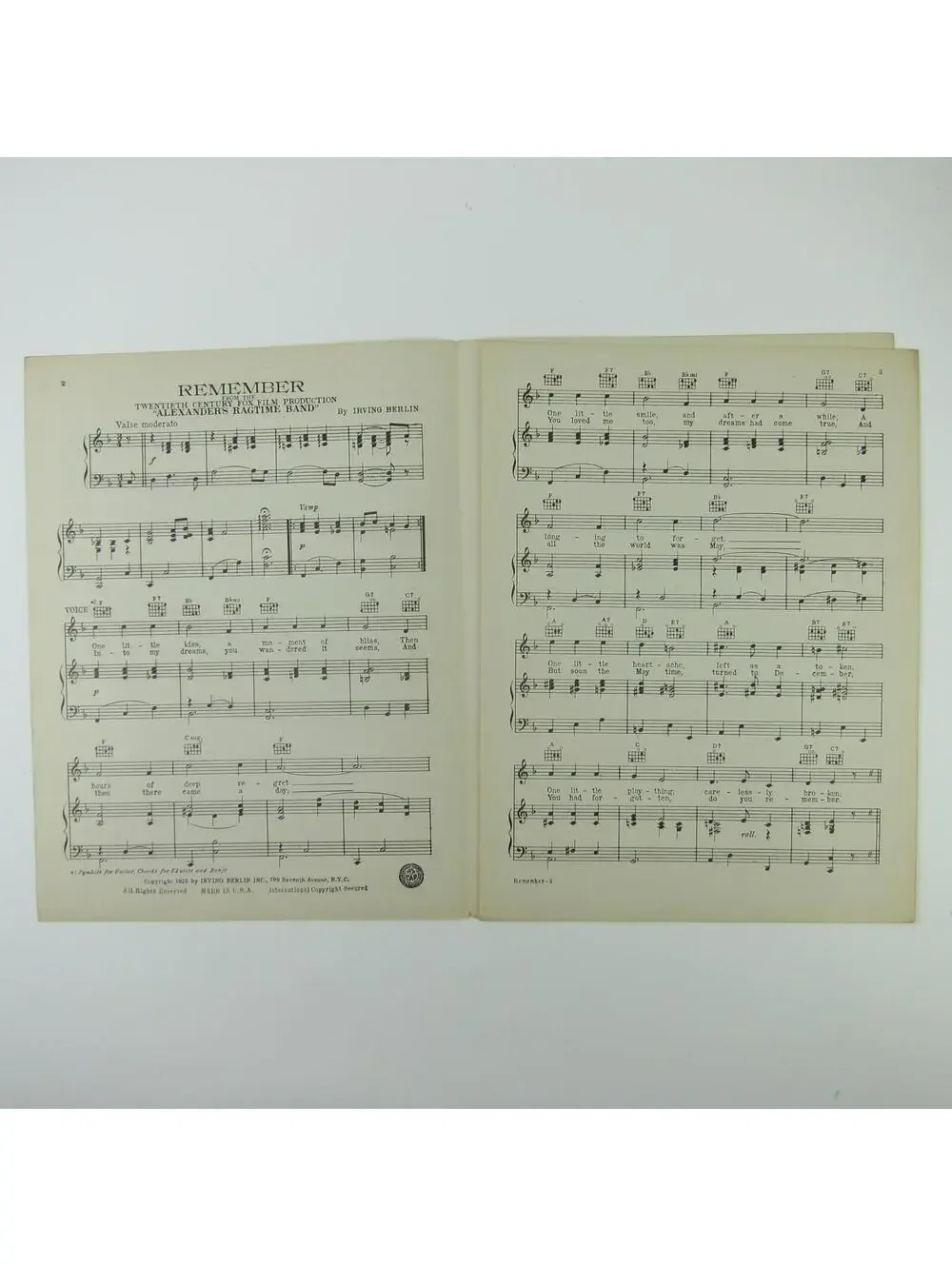 Sheet Music Remember Alexander's Ragtime Band Irving Berlin Antique 1925 RARE